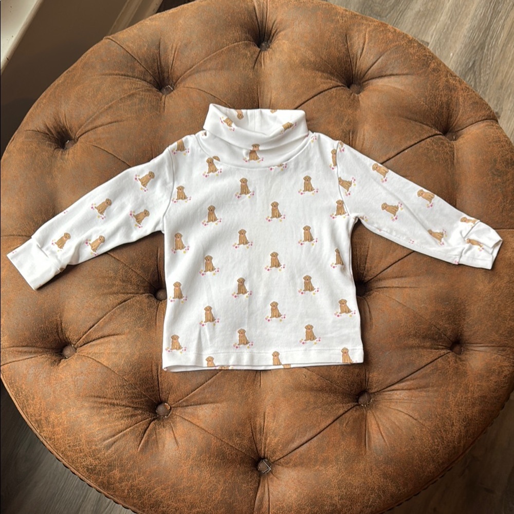 Little English Girls White Turtleneck Shirt with Dog Print